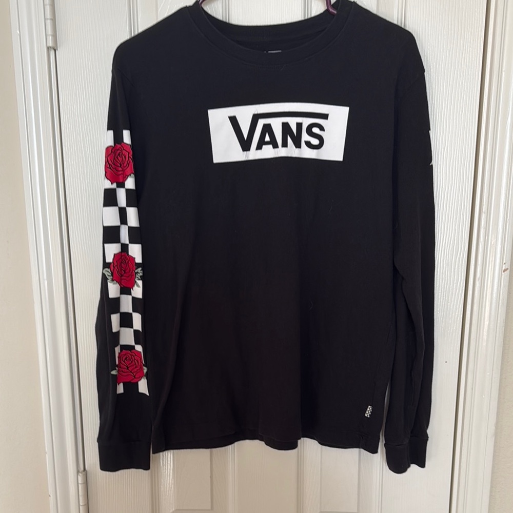 Vans Black Long Sleeve Shirt with Rose and Checkered Sleeve